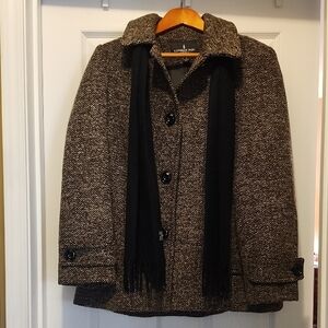 London Fog Brown Tweed Pea Coat with Black Details